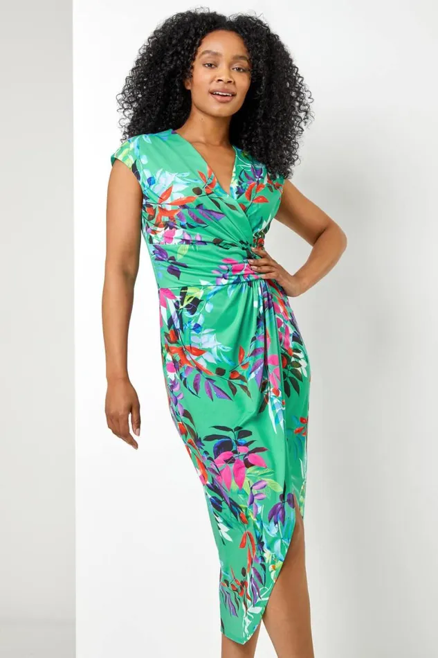Women Green Petite Tropical Print Ruched Wrap Dress Roman Dresses