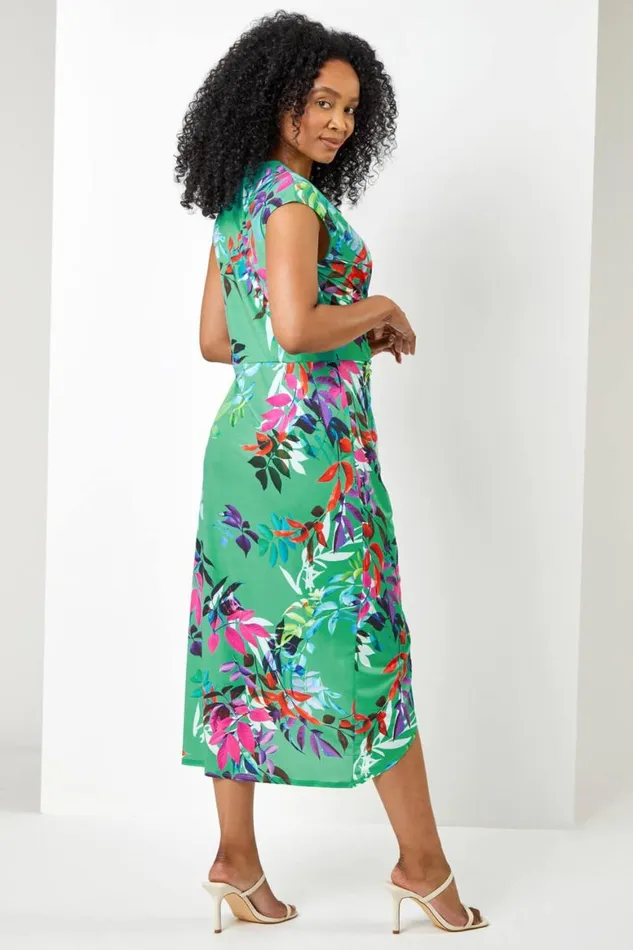 Women Green Petite Tropical Print Ruched Wrap Dress Roman Dresses