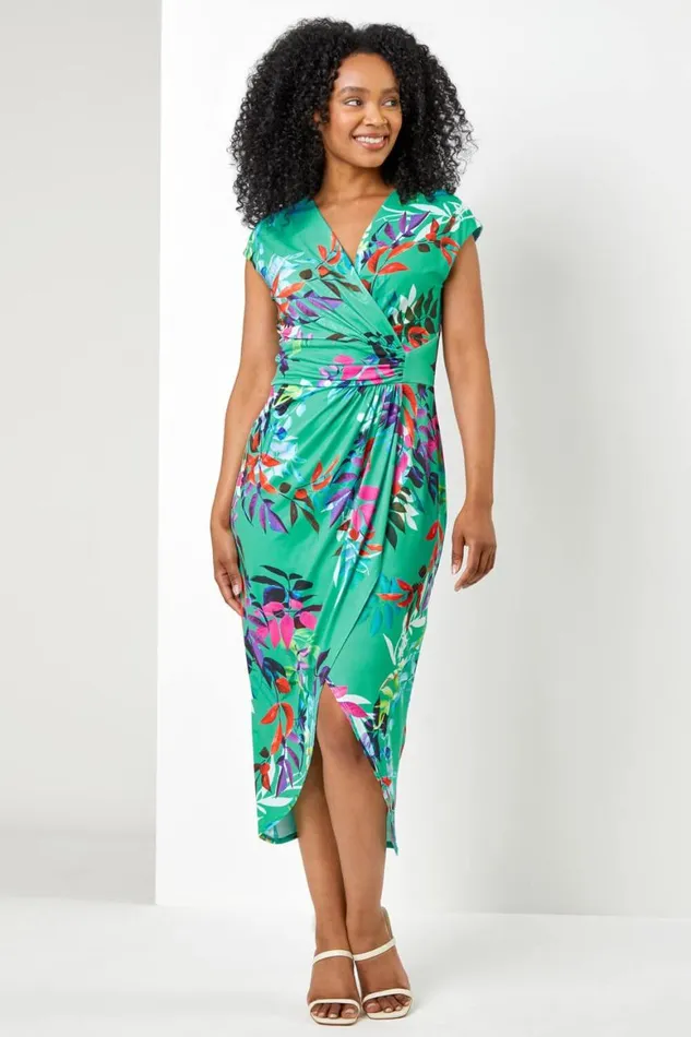 Women Green Petite Tropical Print Ruched Wrap Dress Roman Dresses