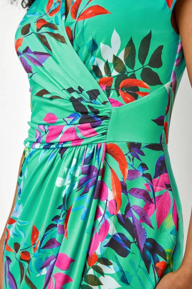 Women Green Petite Tropical Print Ruched Wrap Dress Roman Dresses
