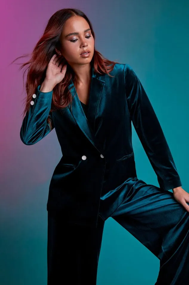 Women Green Petite Wide Leg Velvet Stretch Trouser Roman Dresses