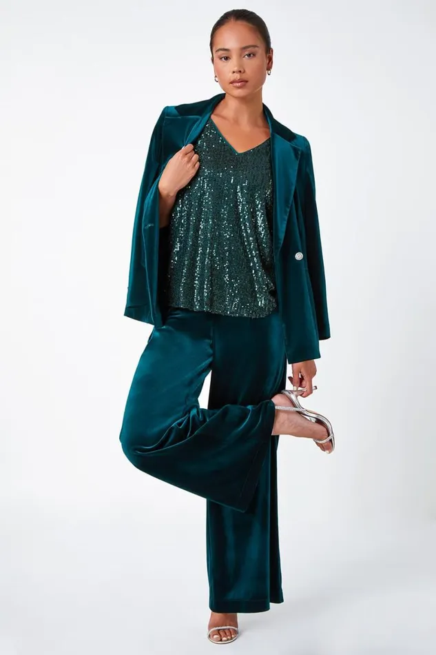 Women Green Petite Wide Leg Velvet Stretch Trouser Roman Dresses