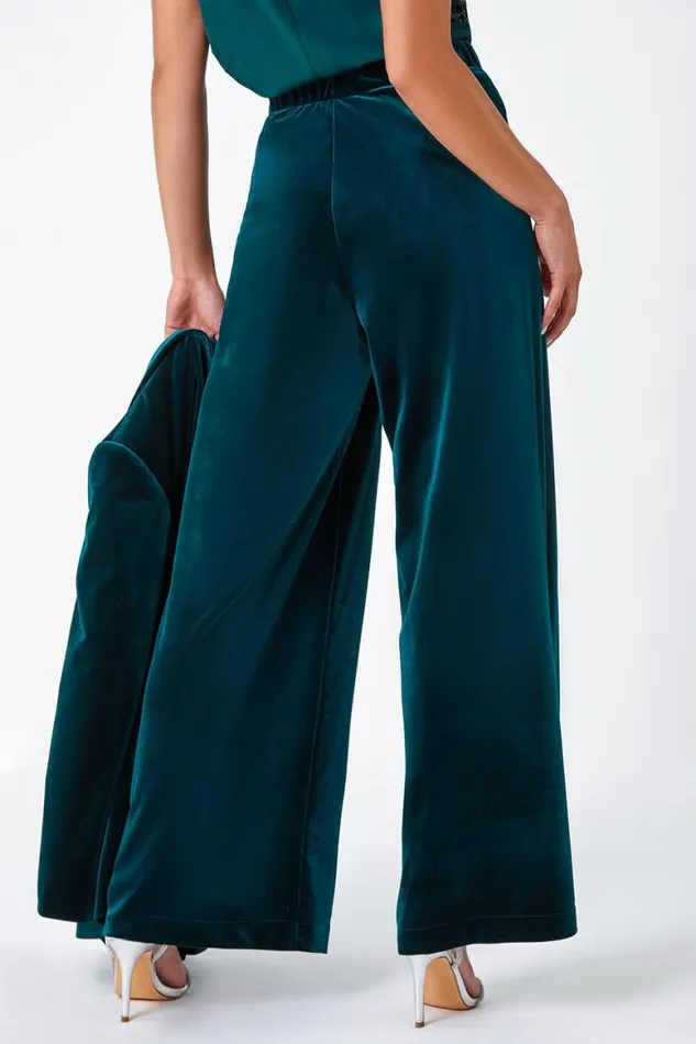 Women Green Petite Wide Leg Velvet Stretch Trouser Roman Dresses