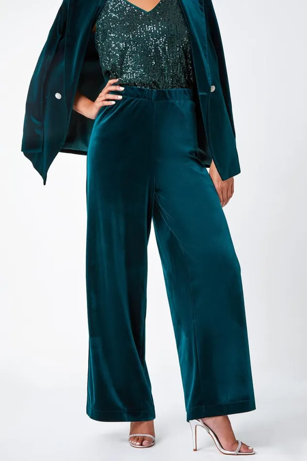 Women Green Petite Wide Leg Velvet Stretch Trouser Roman Dresses