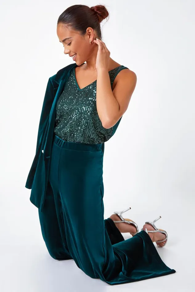 Women Green Petite Wide Leg Velvet Stretch Trouser Roman Dresses