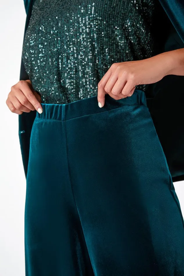 Women Green Petite Wide Leg Velvet Stretch Trouser Roman Dresses