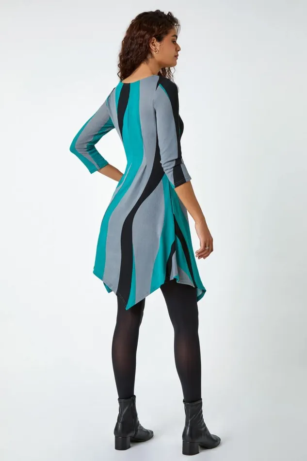 Women Green Ribbon Print Stretch Dress Roman Dresses