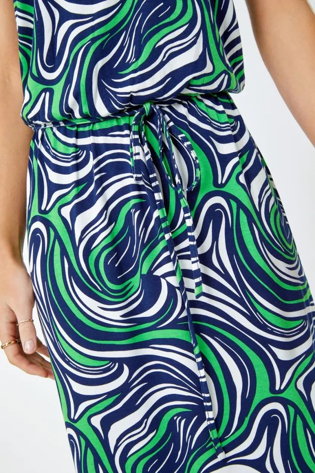 Women Green Sleeveless Swirl Print Belted Dress Roman Dresses