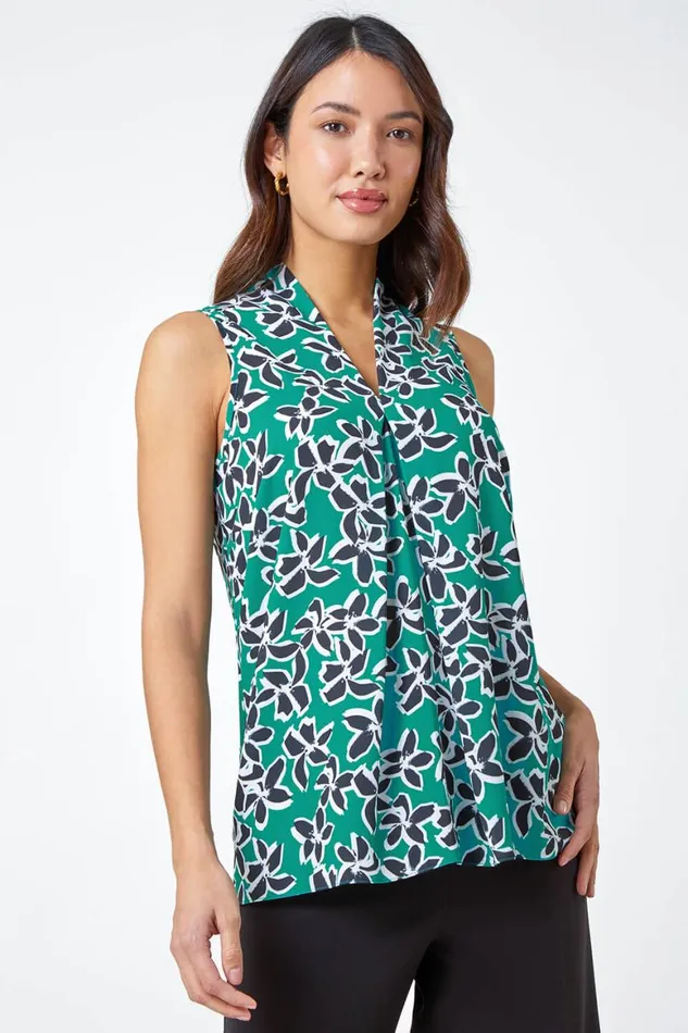 Women Green Sleeveless VNeck Floral Print Stretch Top Roman Tops