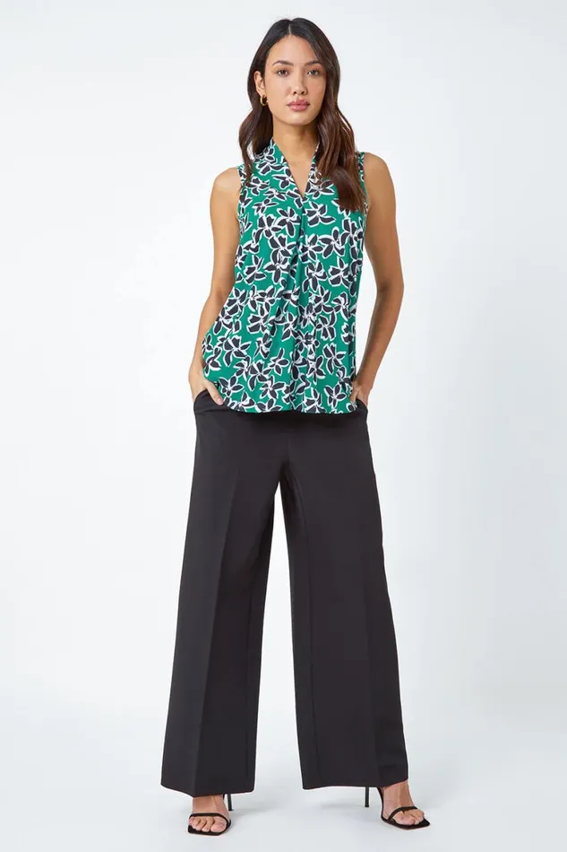 Women Green Sleeveless VNeck Floral Print Stretch Top Roman Tops