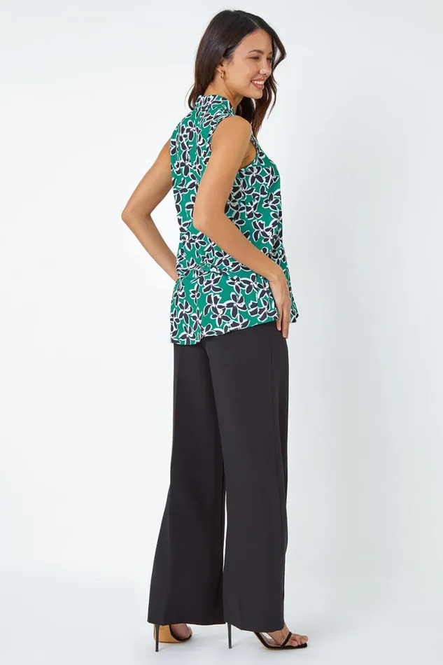 Women Green Sleeveless VNeck Floral Print Stretch Top Roman Tops