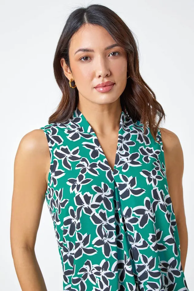 Women Green Sleeveless VNeck Floral Print Stretch Top Roman Tops