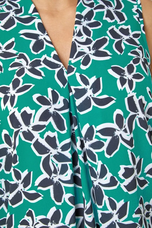 Women Green Sleeveless VNeck Floral Print Stretch Top Roman Tops