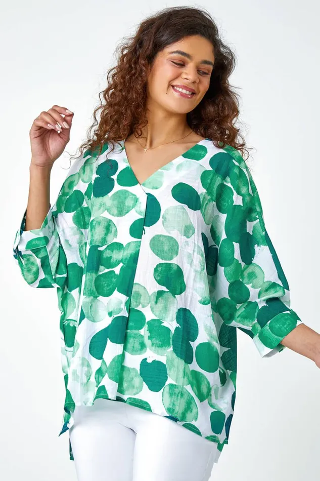 Women Green Spot Print Relaxed VNeck Woven Top Roman Tops