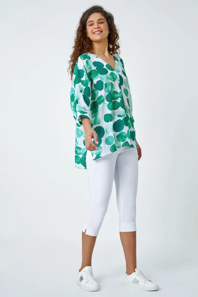 Women Green Spot Print Relaxed VNeck Woven Top Roman Tops