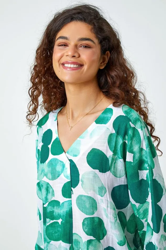 Women Green Spot Print Relaxed VNeck Woven Top Roman Tops