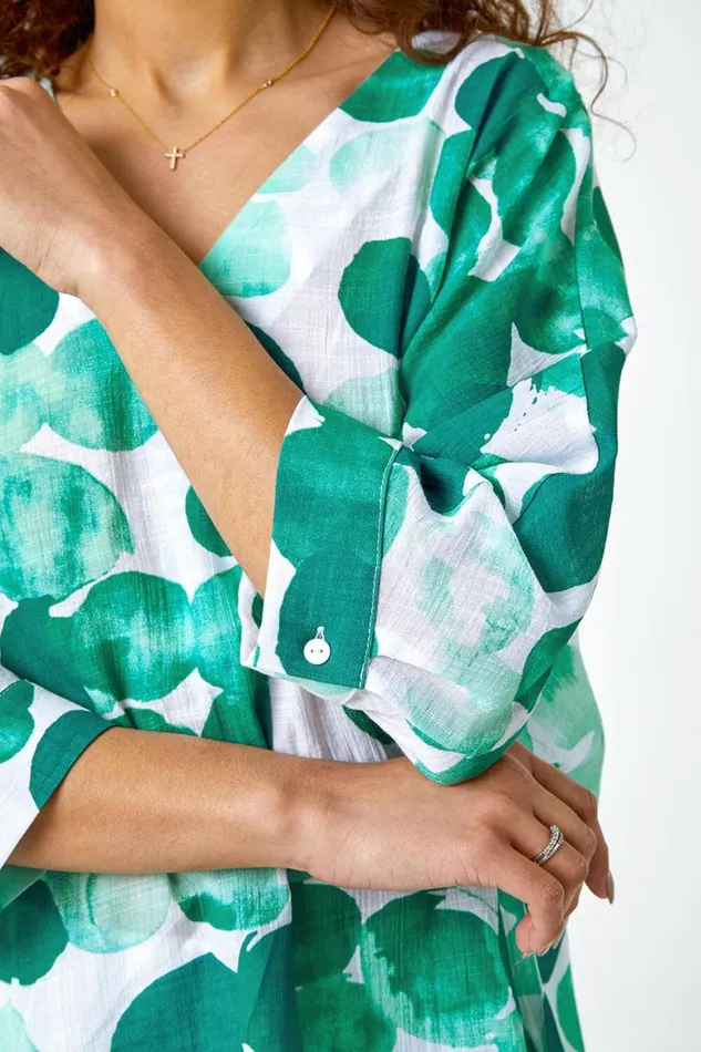 Women Green Spot Print Relaxed VNeck Woven Top Roman Tops