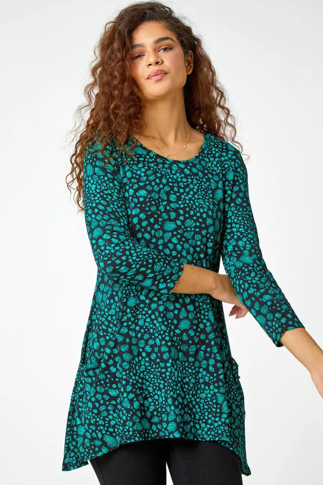 Women Green Spot Print Swing Stretch Top Roman Tops