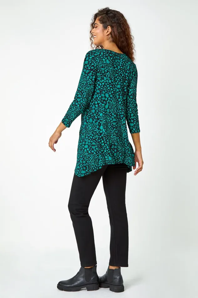 Women Green Spot Print Swing Stretch Top Roman Tops