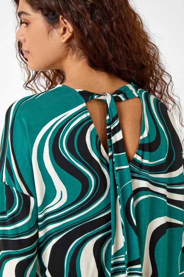 Women Green Swirl Print Tie Back Stretch Top Roman Tops