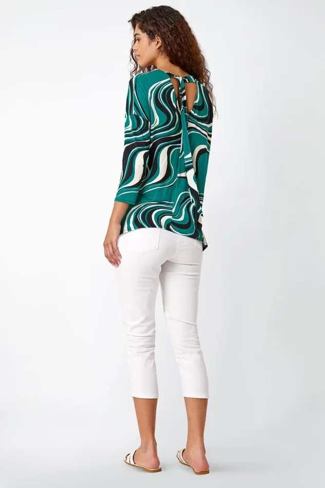 Women Green Swirl Print Tie Back Stretch Top Roman Tops