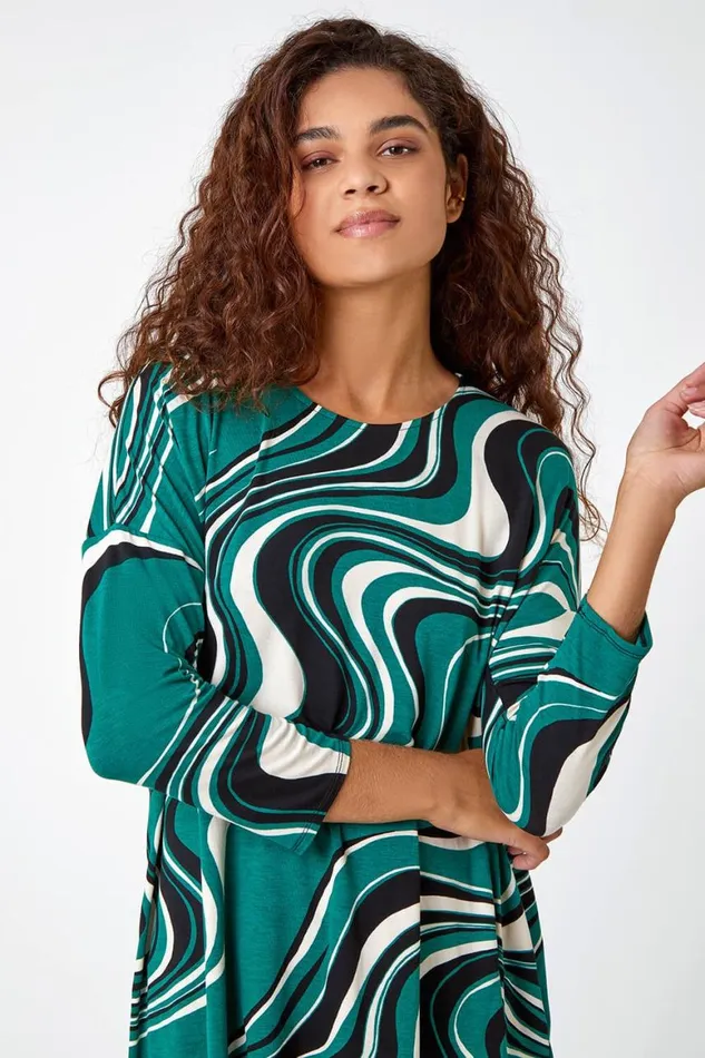 Women Green Swirl Print Tie Back Stretch Top Roman Tops