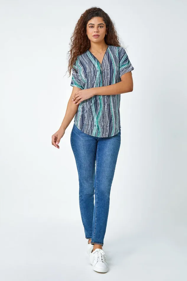 Women Green Textured Abstract Zip Detail VNeck Top Roman Tops
