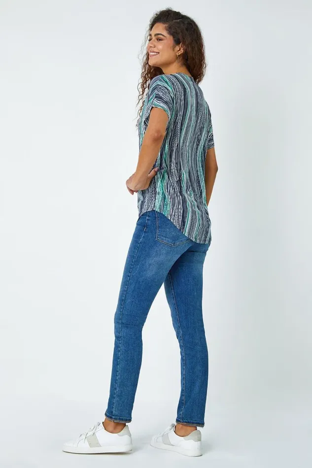 Women Green Textured Abstract Zip Detail VNeck Top Roman Tops