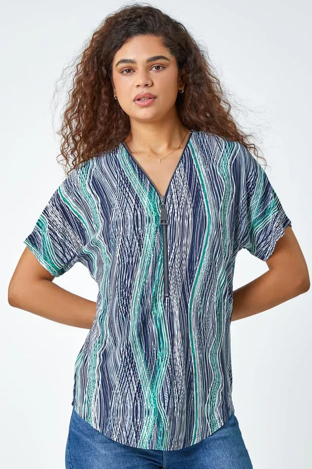 Women Green Textured Abstract Zip Detail VNeck Top Roman Tops