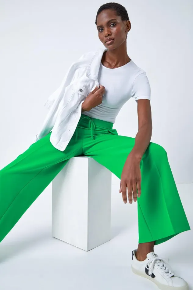 Women Green Wide Leg Elastic Waist Tie Front Trouser Roman Trousers