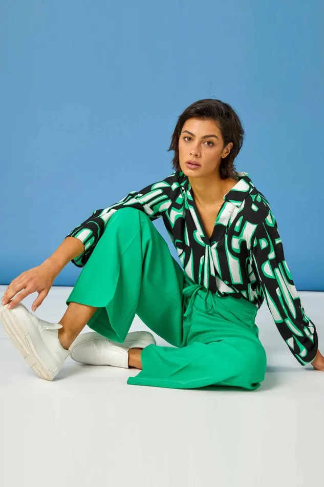 Women Green Wide Leg Elastic Waist Tie Front Trouser Roman Trousers