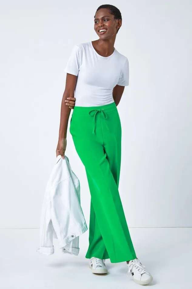 Women Green Wide Leg Elastic Waist Tie Front Trouser Roman Trousers