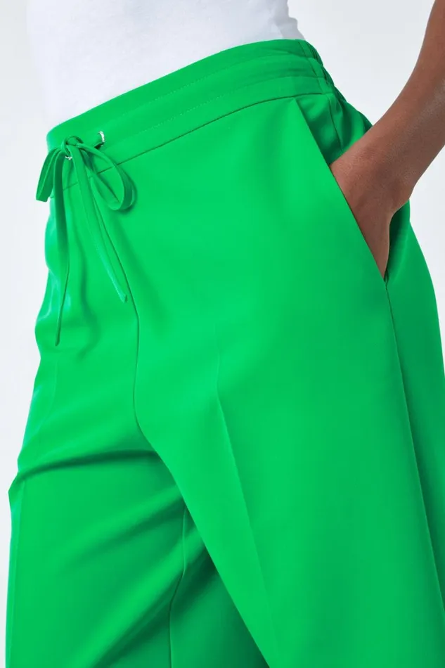 Women Green Wide Leg Elastic Waist Tie Front Trouser Roman Trousers