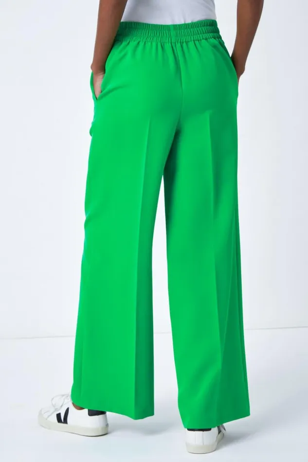 Women Green Wide Leg Elastic Waist Tie Front Trouser Roman Trousers