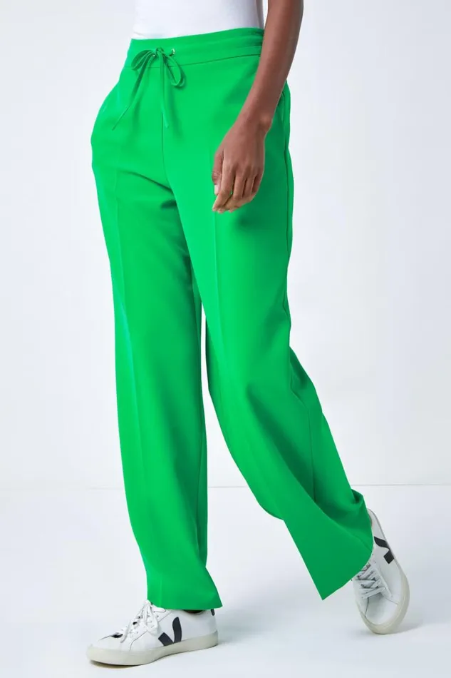 Women Green Wide Leg Elastic Waist Tie Front Trouser Roman Trousers