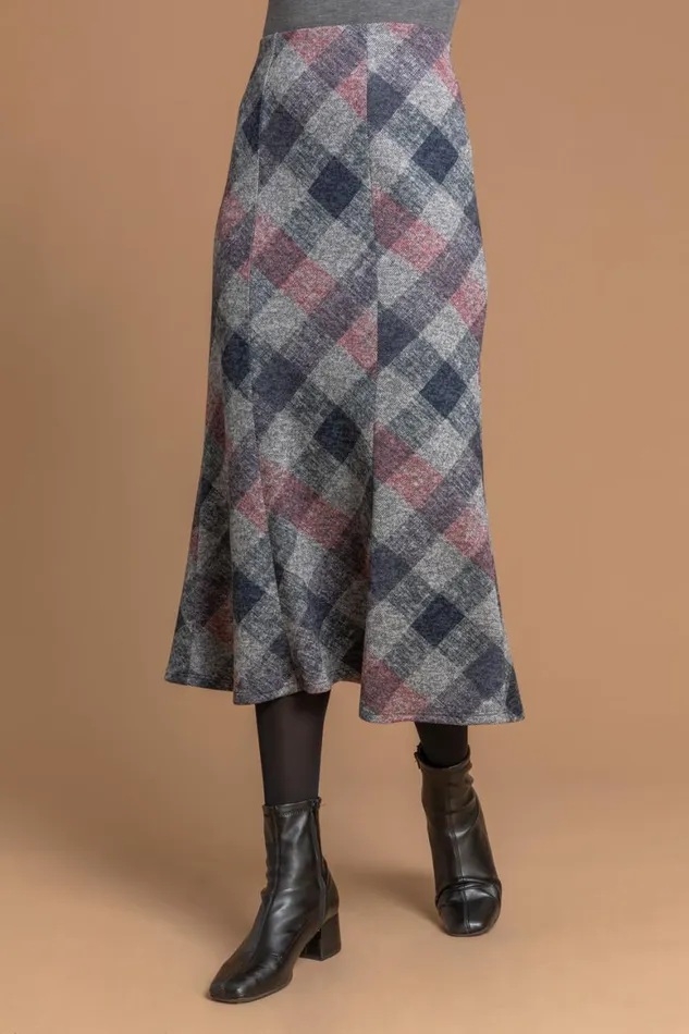 Women Grey Check Print Fluted Midi Skirt Roman Skirts
