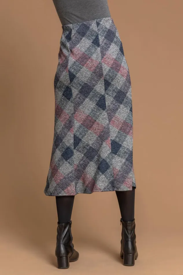 Women Grey Check Print Fluted Midi Skirt Roman Skirts