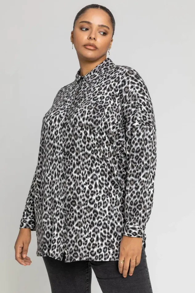 Women Grey Curve Animal Print Button Shirt Roman Tops