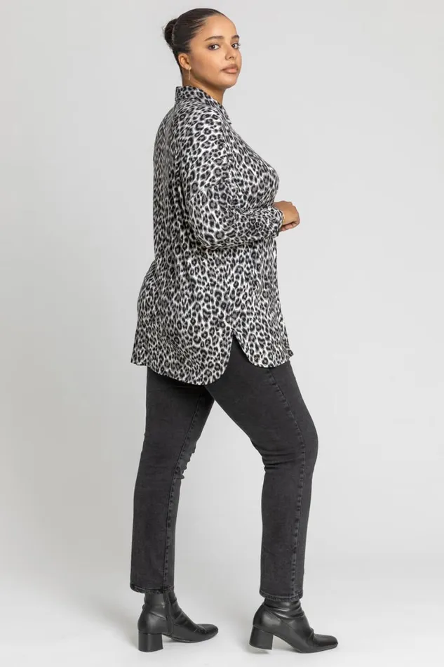 Women Grey Curve Animal Print Button Shirt Roman Tops