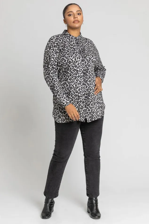 Women Grey Curve Animal Print Button Shirt Roman Tops