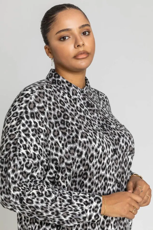 Women Grey Curve Animal Print Button Shirt Roman Tops