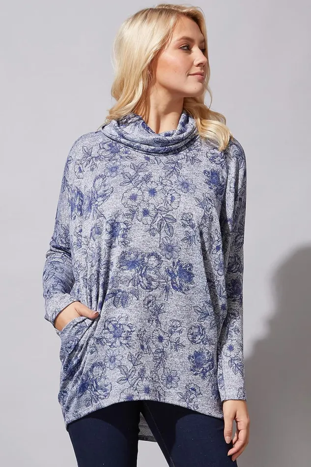 Women Grey Floral Print Cowl Neck Top Roman Tops