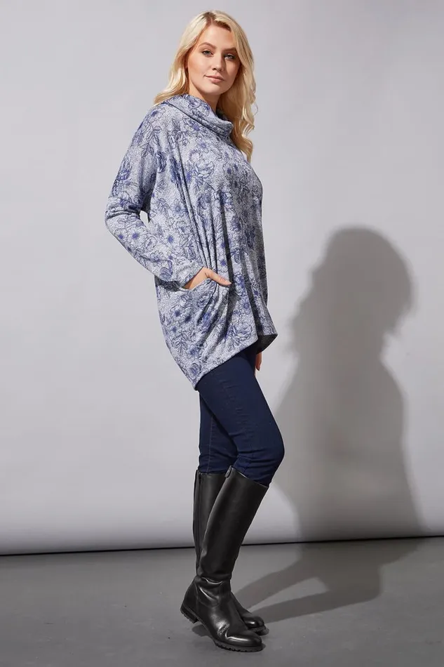 Women Grey Floral Print Cowl Neck Top Roman Tops