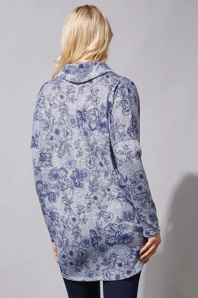 Women Grey Floral Print Cowl Neck Top Roman Tops