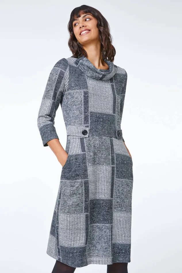 Women Grey Patchwork Cowl Neck Button Detail Dress Roman Dresses