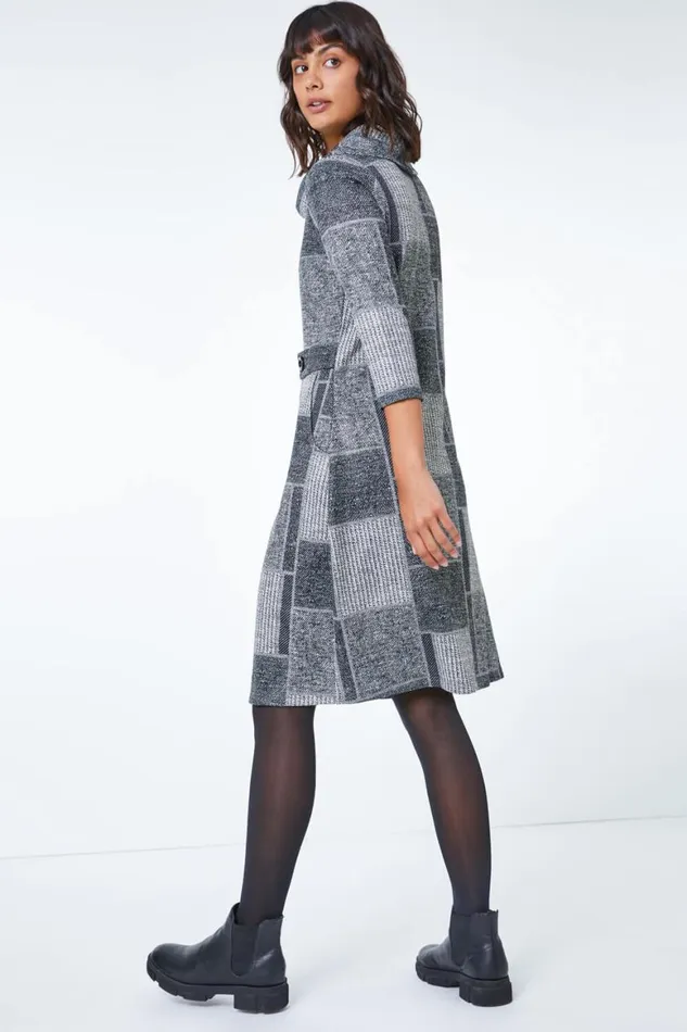 Women Grey Patchwork Cowl Neck Button Detail Dress Roman Dresses