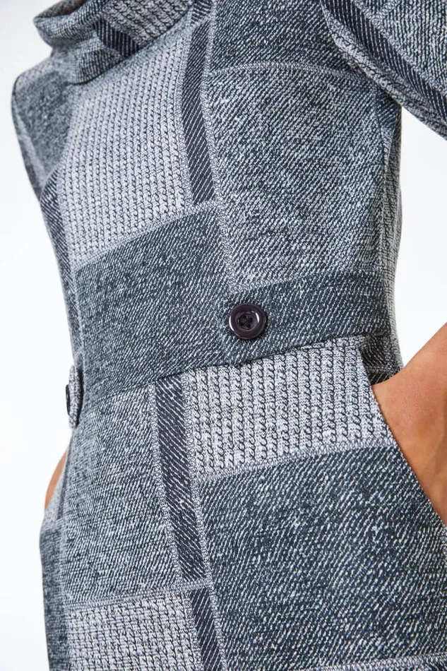 Women Grey Patchwork Cowl Neck Button Detail Dress Roman Dresses