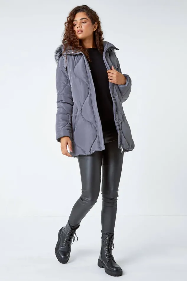 Women Grey Quilted Faux Fur Hooded Coat Roman Coats