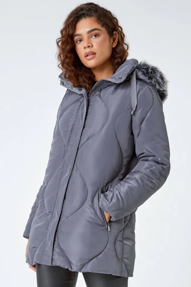 Women Grey Quilted Faux Fur Hooded Coat Roman Coats