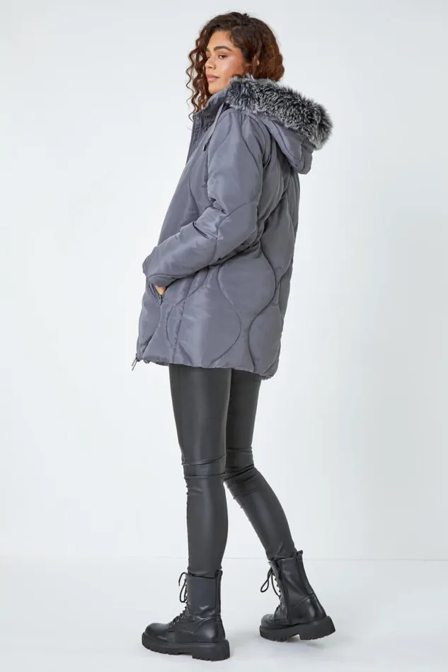 Women Grey Quilted Faux Fur Hooded Coat Roman Coats